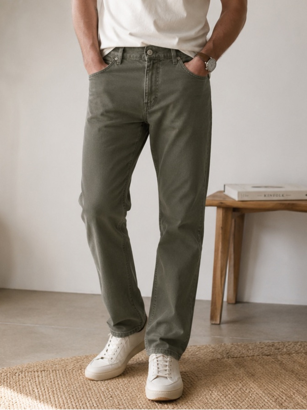 Mott & Bow Olive Straight Pants Men W38 L30 Stretch Cotton Capsule Wardrobe